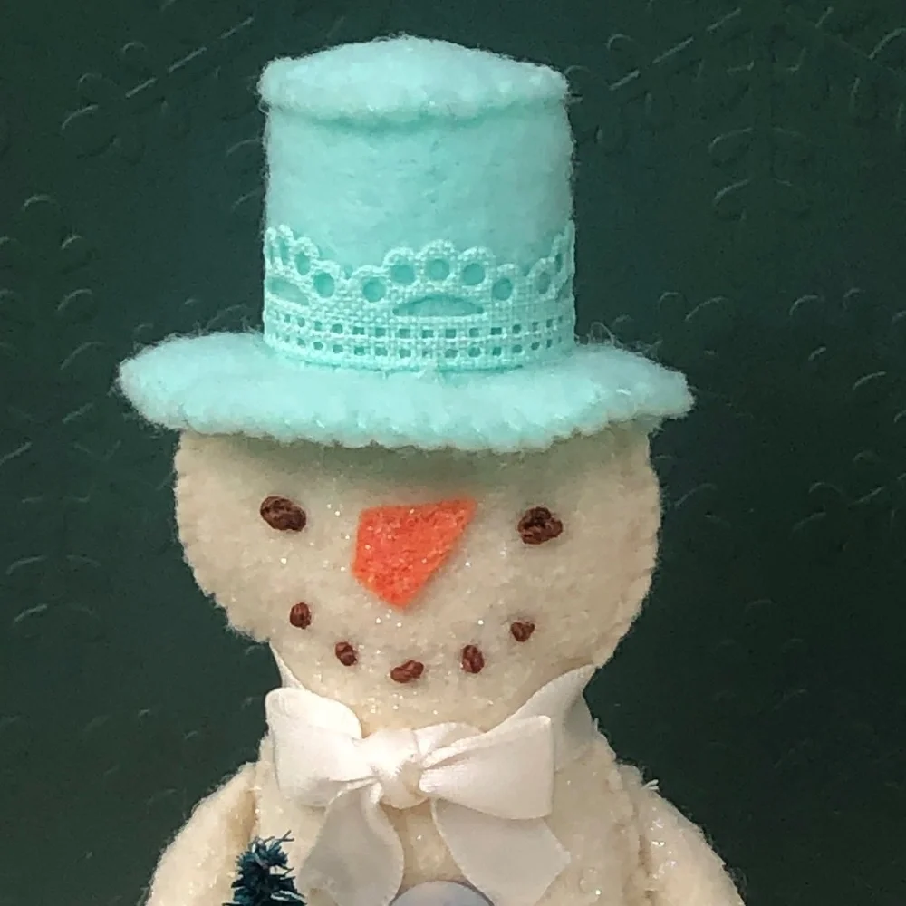 Snowman Art Doll Coastal Felt Hand-sewn aqua top hat handmade